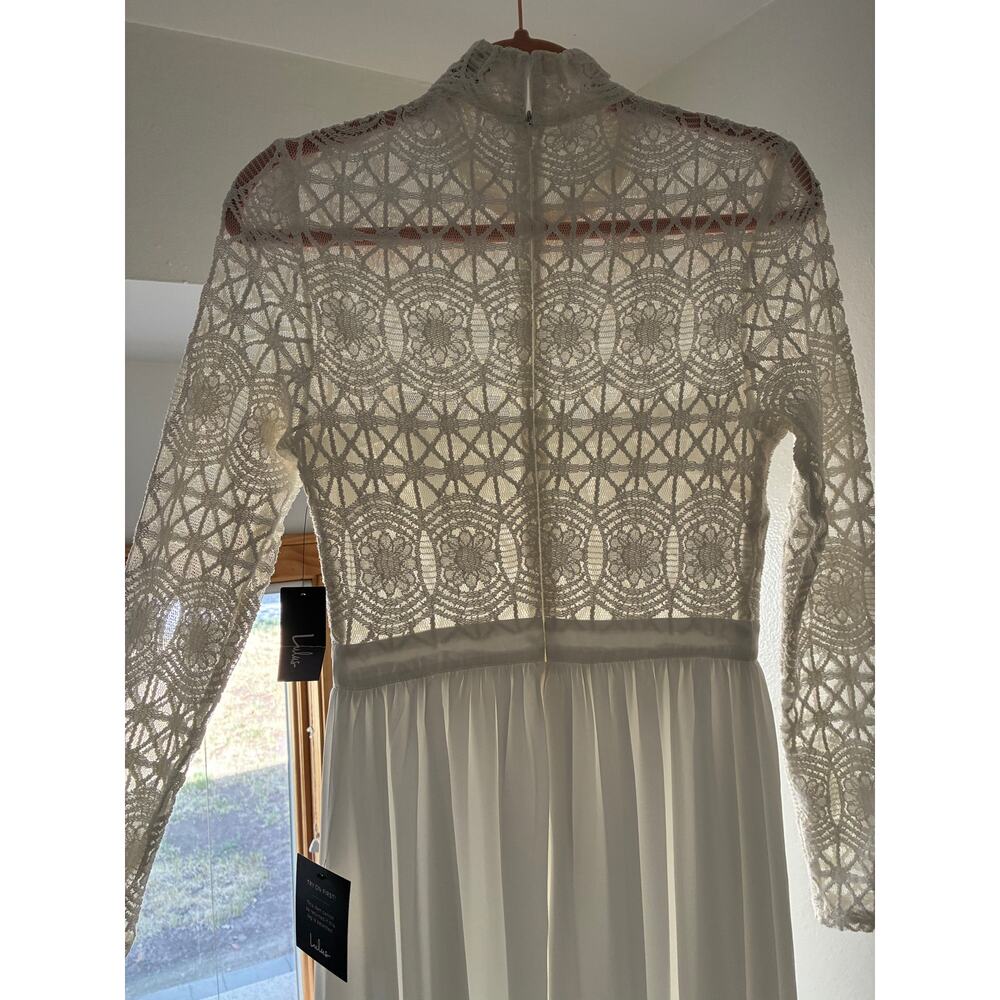Lulus White/Off-White Lace Maxi Bridal Wedding Dress High Neck Long Sleeve Small - Picture 6 of 14